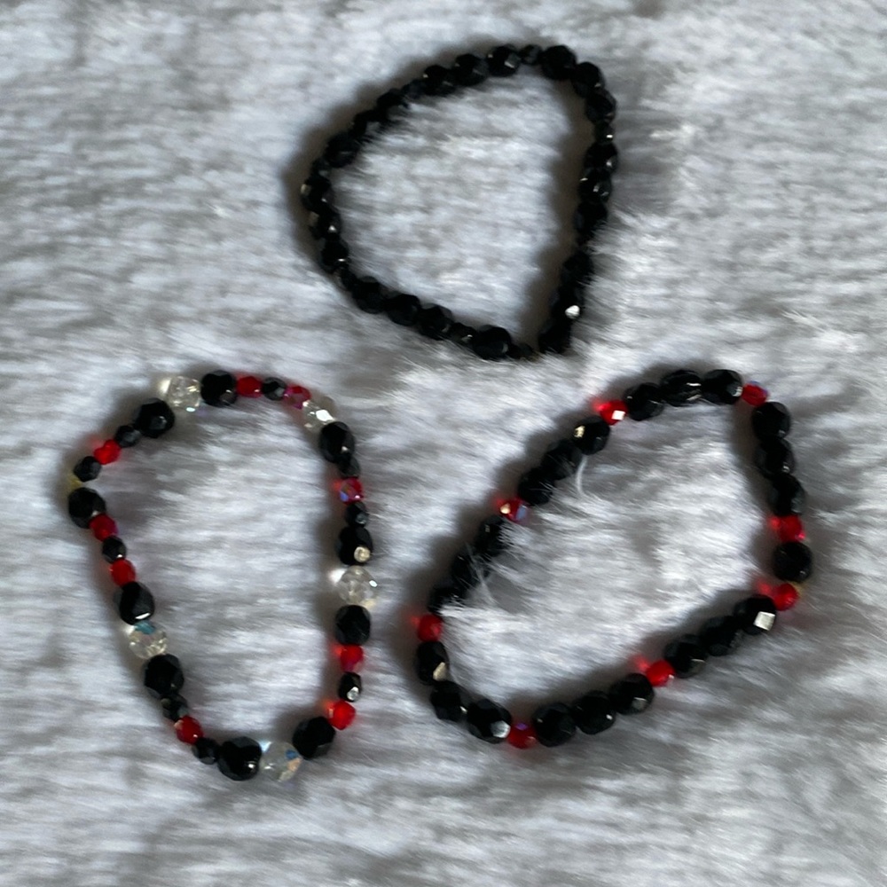 Handmade red and black beaded bracelet set of 3
